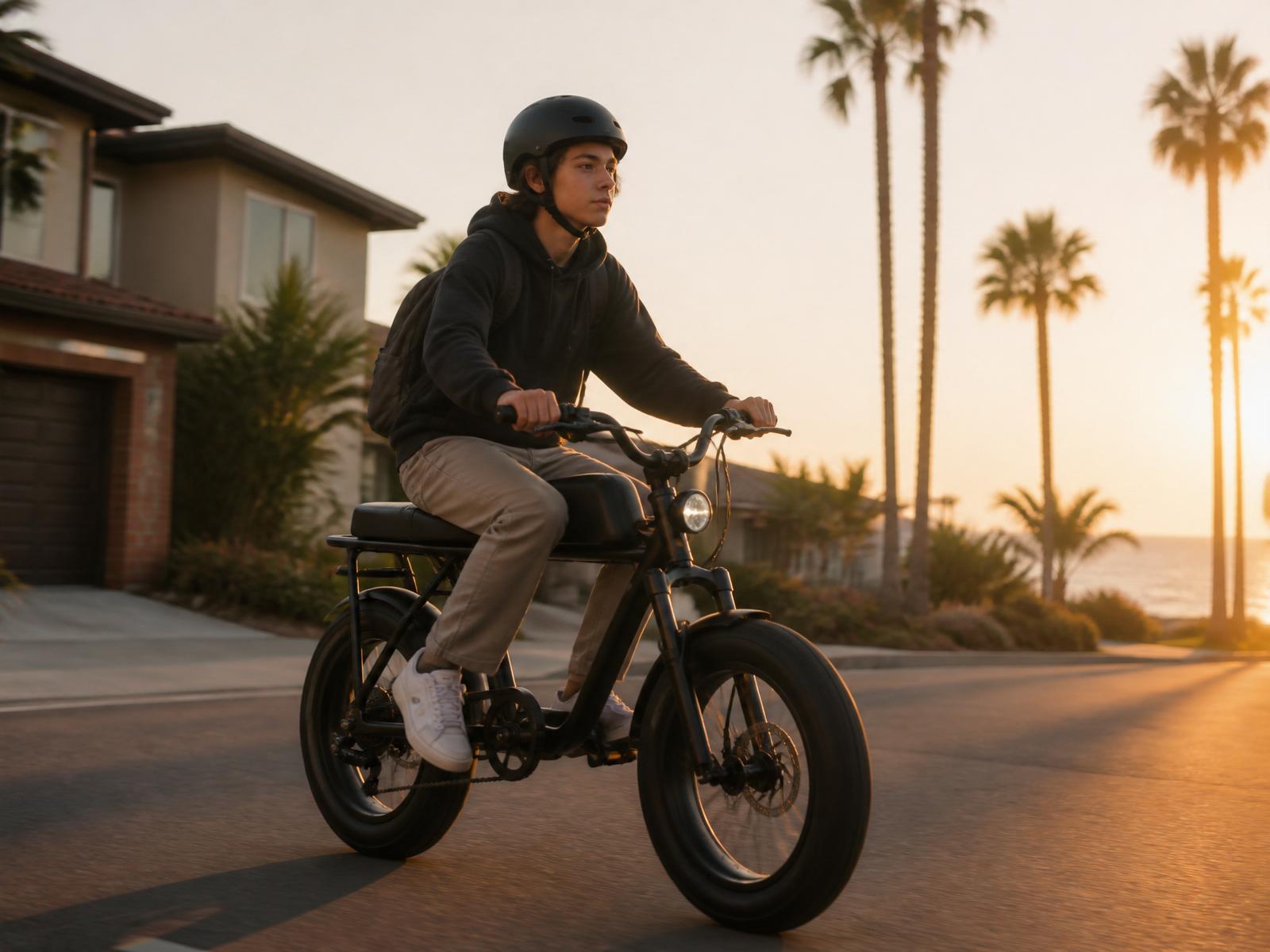 A teenage rider on a modern e-bike in a neighborhood