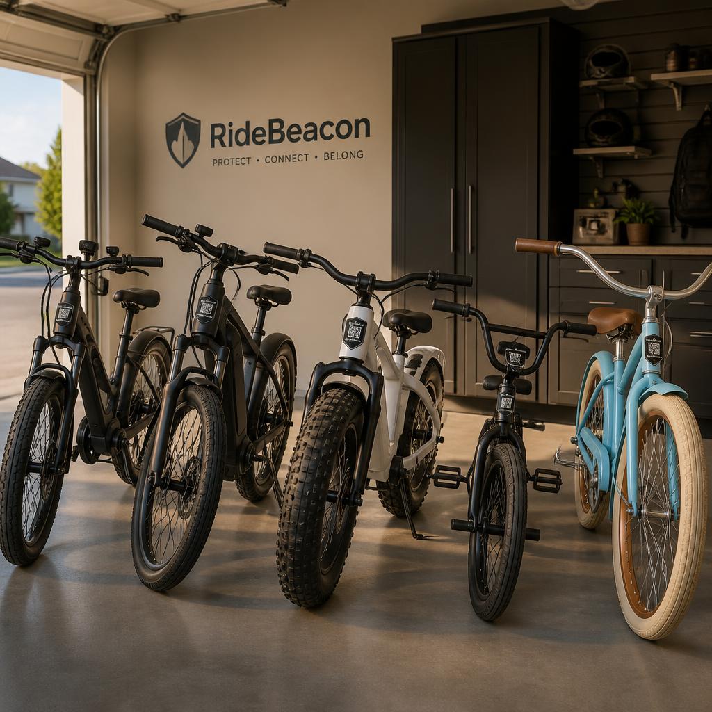 Several household bicycles parked together in a family garage