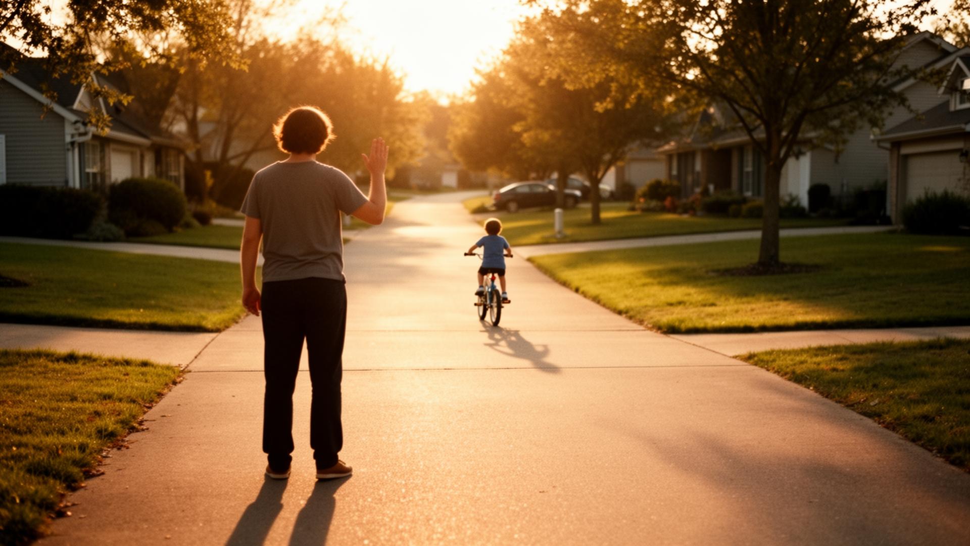 A parent watching their child ride down the street