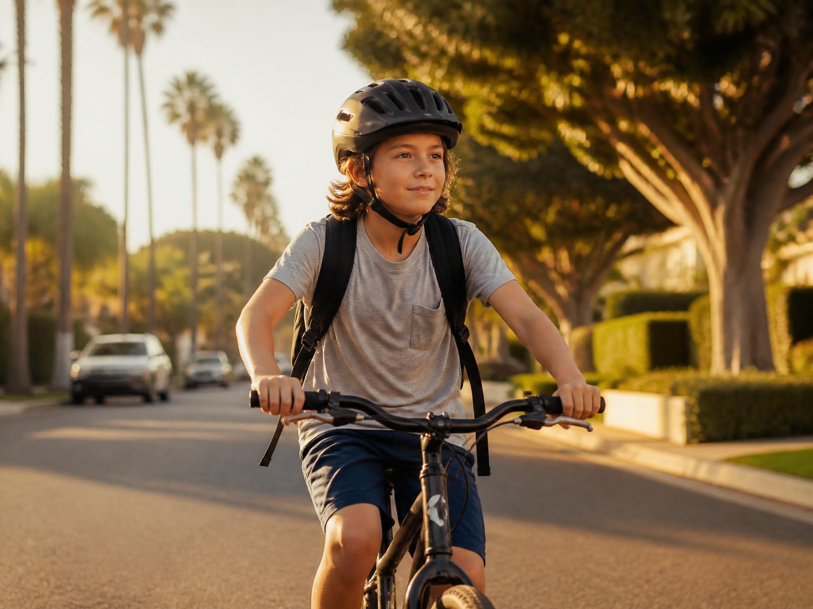 A young rider on a traditional bicycle in a neighborhood
