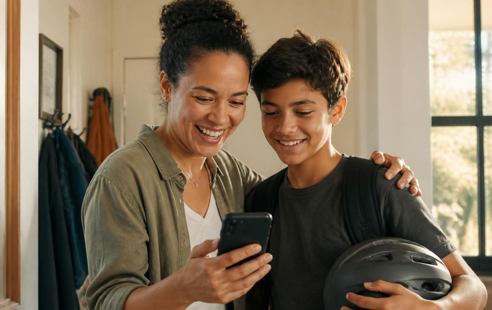 A parent and teen review riding progress together before heading out