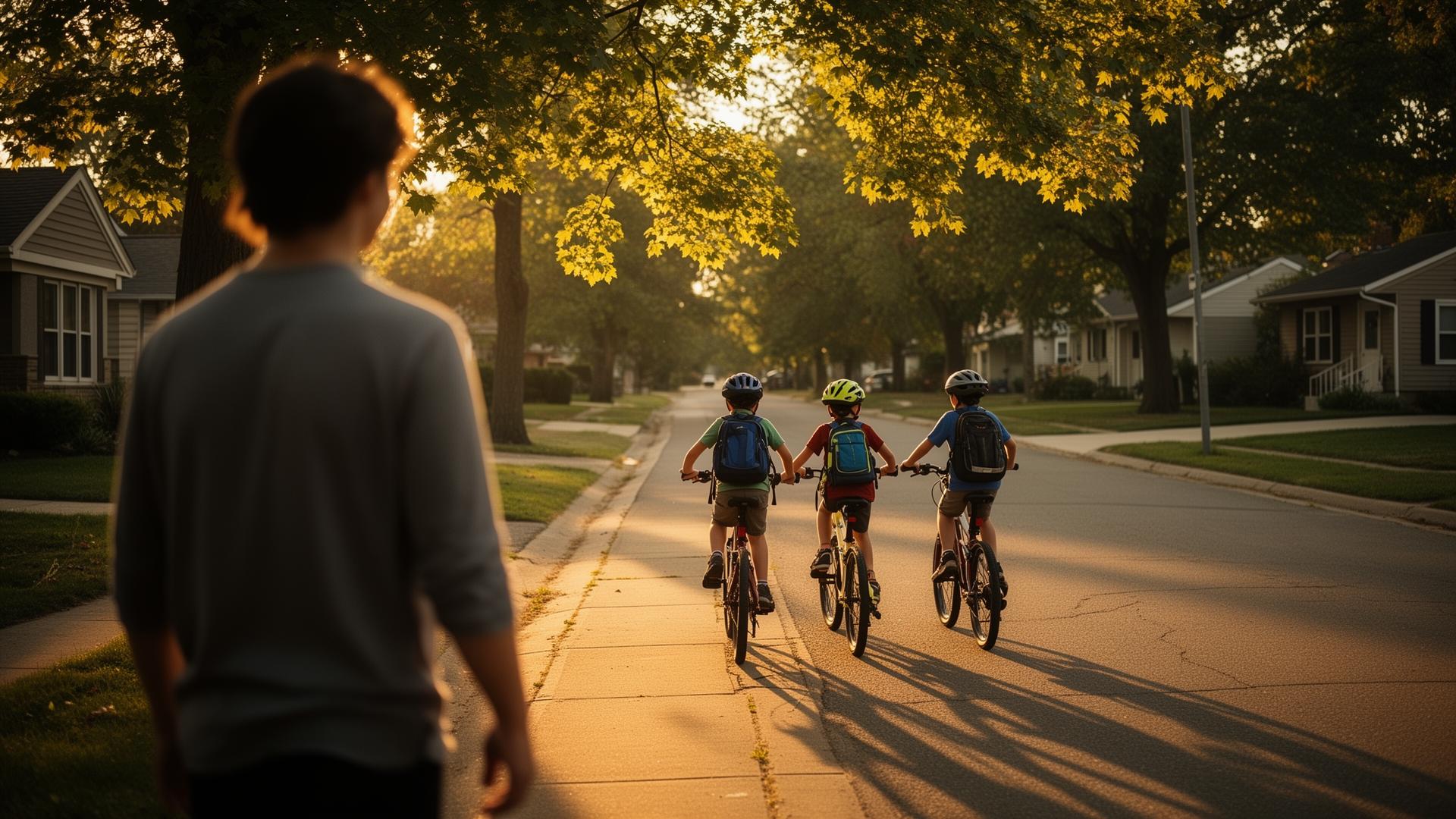 A child rides down a tree-lined neighborhood street at golden hour while a parent watches
